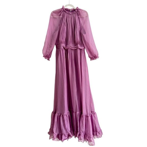 Mac Duggal Chiffon Ruched Illusion Raglan Sleeve Ruffled Gown Lilac Women's 12 - Picture 3 of 10